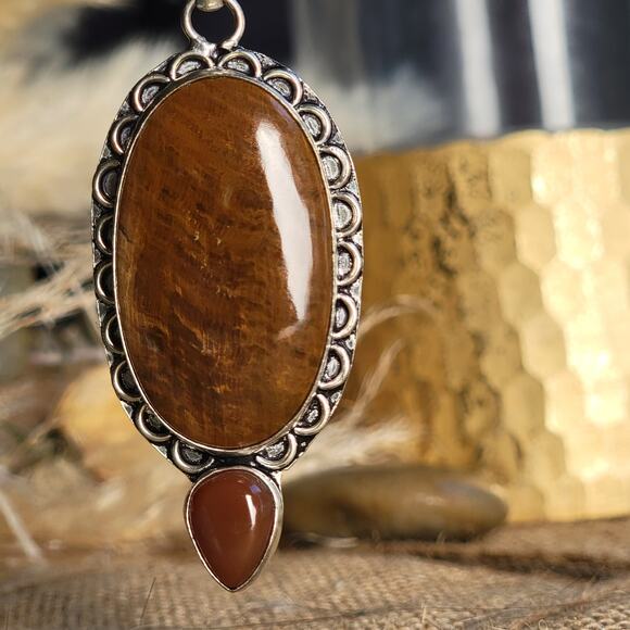 Earthy Sterling Silver Petrified Wood Pendant with Carnelian Drop - Picture 3 of 10